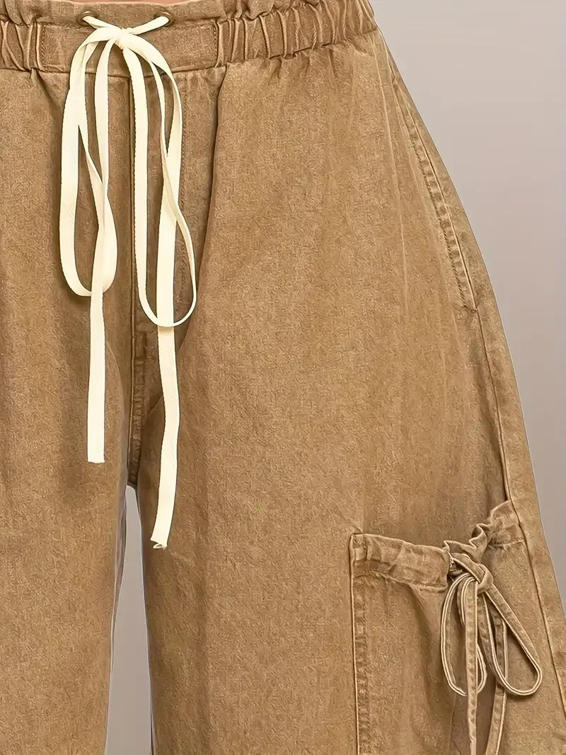 Women's Fashion Lace-Up Drawstring Loose Jeans - Stylish Casual High Waist Elastic Waistband Leggings Pants for Women