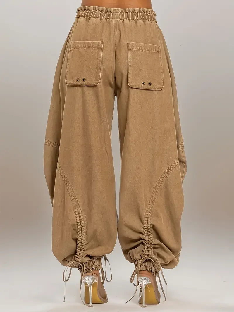 Women's Fashion Lace-Up Drawstring Loose Jeans - Stylish Casual High Waist Elastic Waistband Leggings Pants for Women