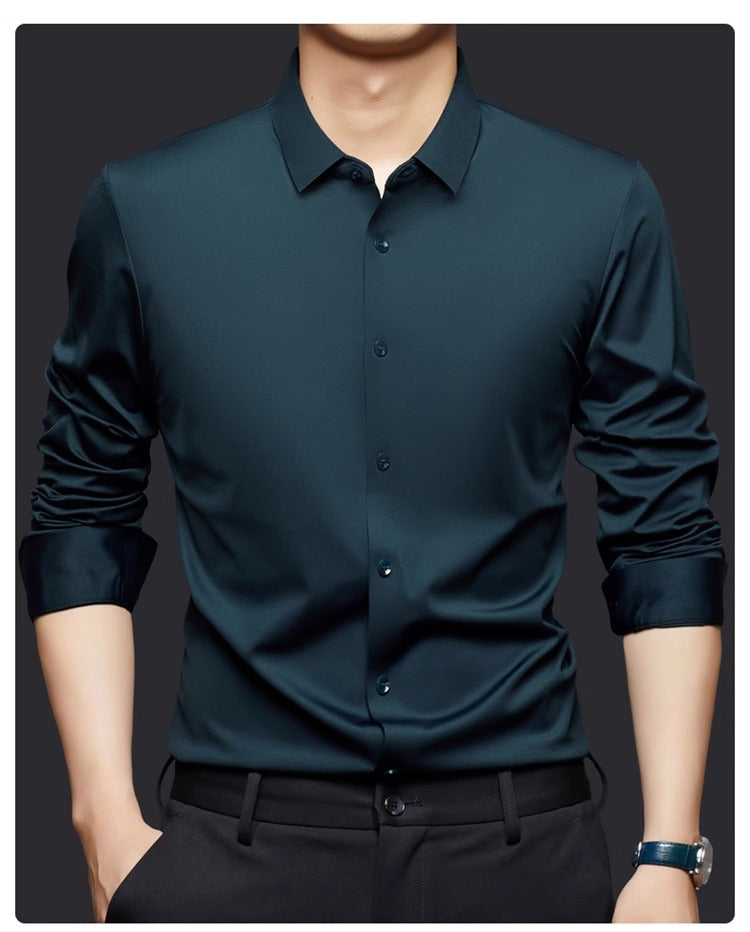 High Stretch Men Business Shirt Long Sleeve Anti-wrinkle Non-ironing Slim Fashion Casual Social Solid Formal Office White Shirt