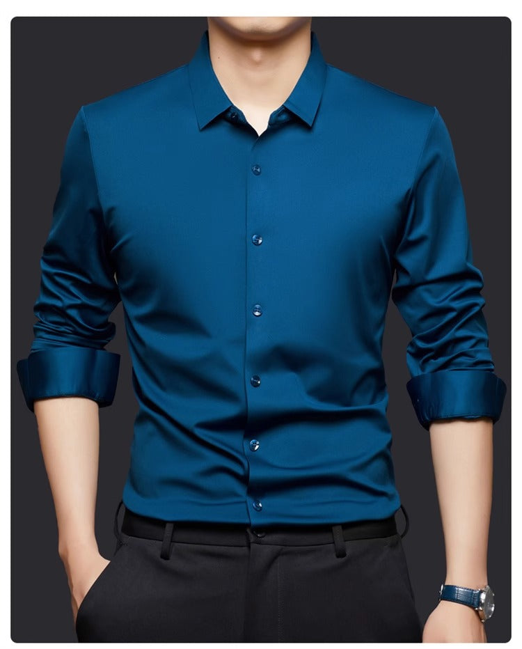 High Stretch Men Business Shirt Long Sleeve Anti-wrinkle Non-ironing Slim Fashion Casual Social Solid Formal Office White Shirt