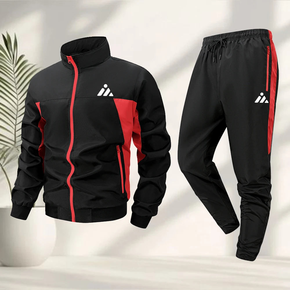 Men's Casual Sports Suit Creative Triangle Print Zipper Jacket With Trousers Summer Fitness Cycling Outdoor And Commute Suit