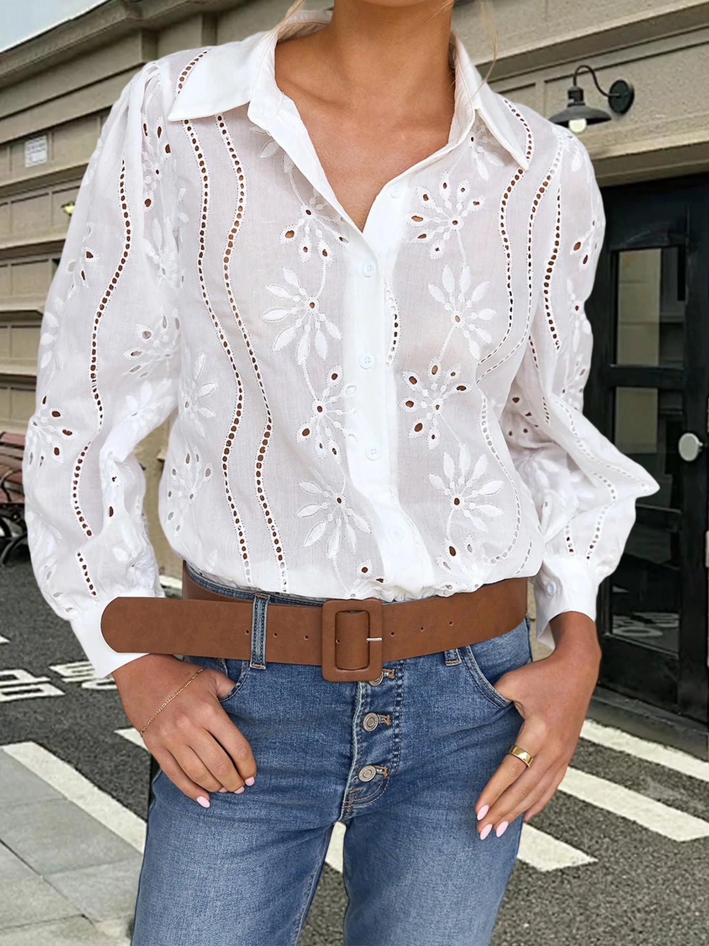 Stylish Women s Eyelet Blouse with Long Sleeves and Turn Down Collar in Solid Color Loose Fit Shirt for Fashionistas