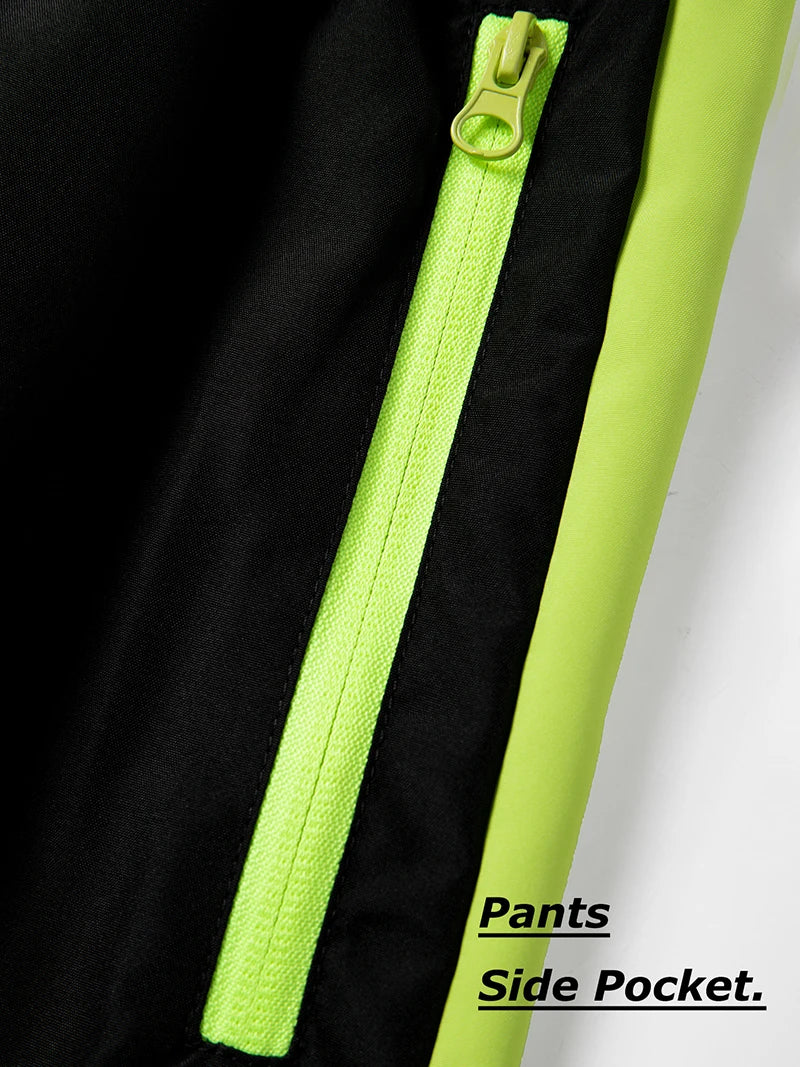 Bull Print Colorblock Sports Set for Men Outdoor Stand Collar Zip Up Jacket Coat Outwear Tops Pants Trousers with Zipper Pockets