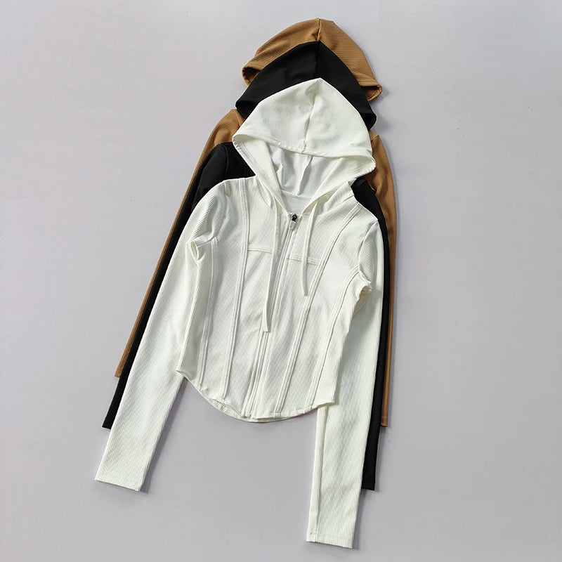 Women's Yoga Coat Short Sports jacket Fitness  Yoga Shirt Cycling Running Coats Zipper jacket Hooded Long Sleeve Sports Jacket