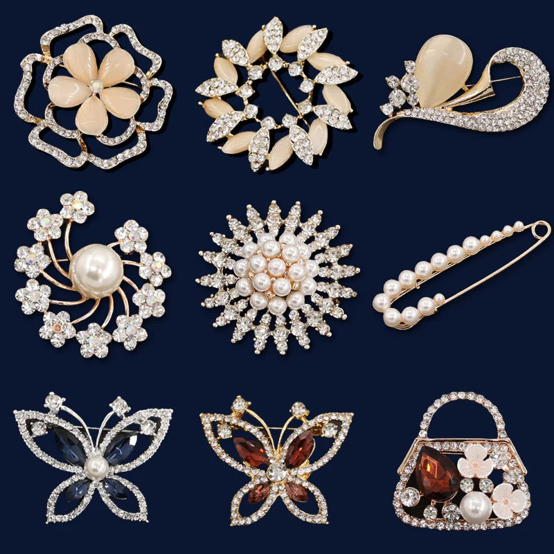 9Pcs/Pack Luxurious Elegant Metal Brooch Ladies' Flower Pearl Butterfly Sun Brooch Cloth Scarf Jewelry Accessories