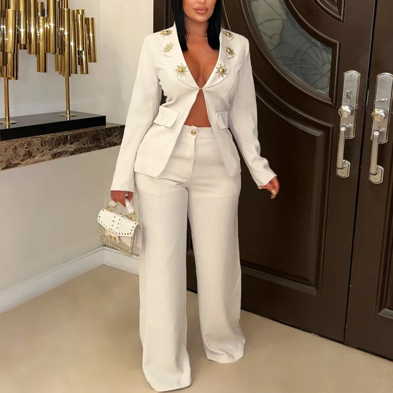 Sexy Two Piece Outfit Women Deep V Embellished Lapel Blazer Wide Leg Pants Sets Fashion Formal Evening Clubwear Party Suit