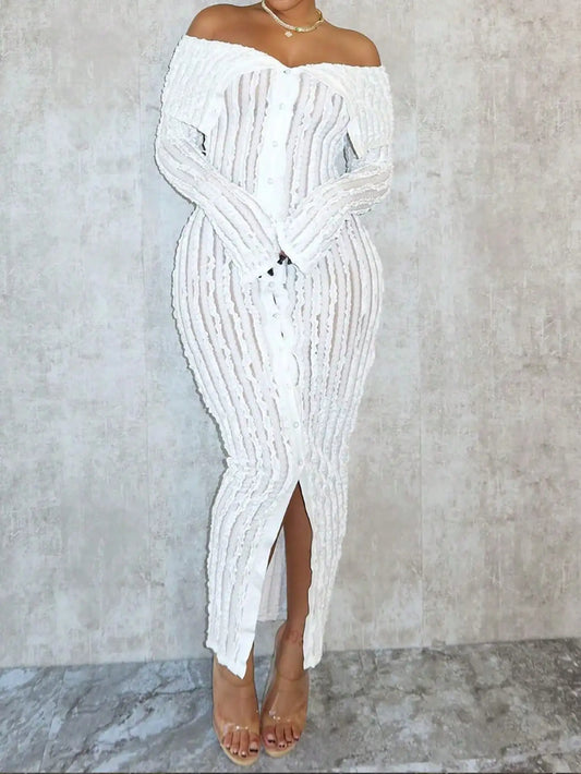 Women Elegant Off Shoulder Dress Long Sleeve Button Down High Split Bodycon Dress Prom Evening Party