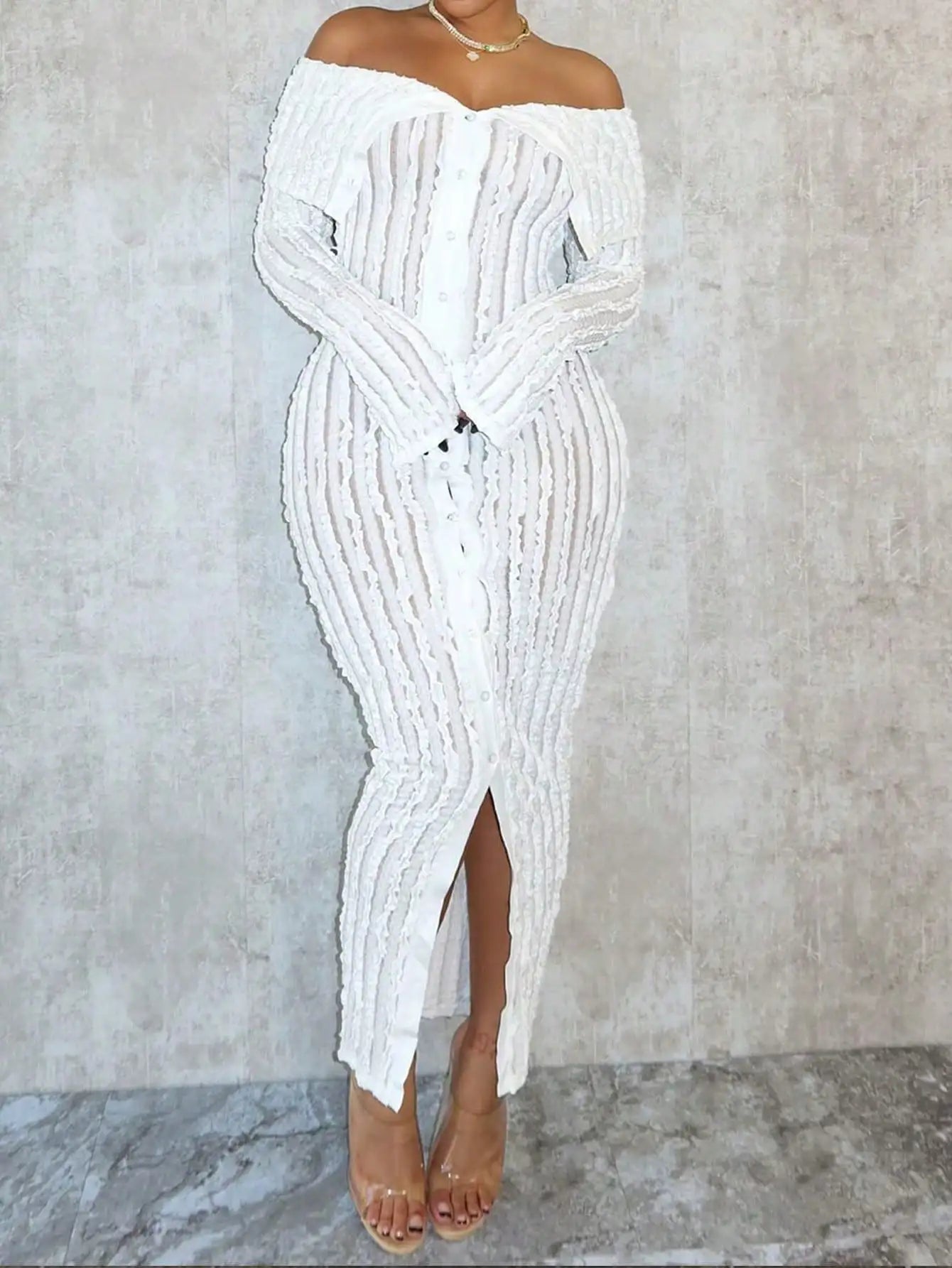 Women Elegant Off Shoulder Dress Long Sleeve Button Down High Split Bodycon Dress Prom Evening Party