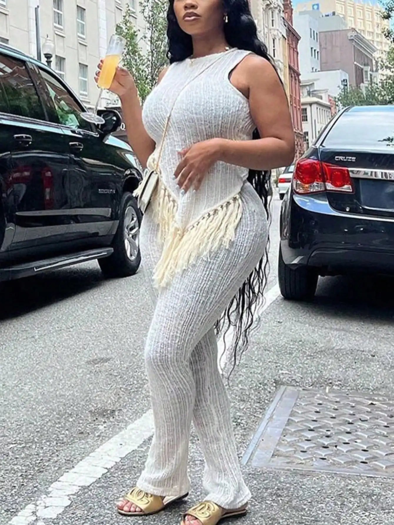 Solid fringed suit short-sleeved round-neck top sexy trousers 2-piece women's party streetwear set 2025