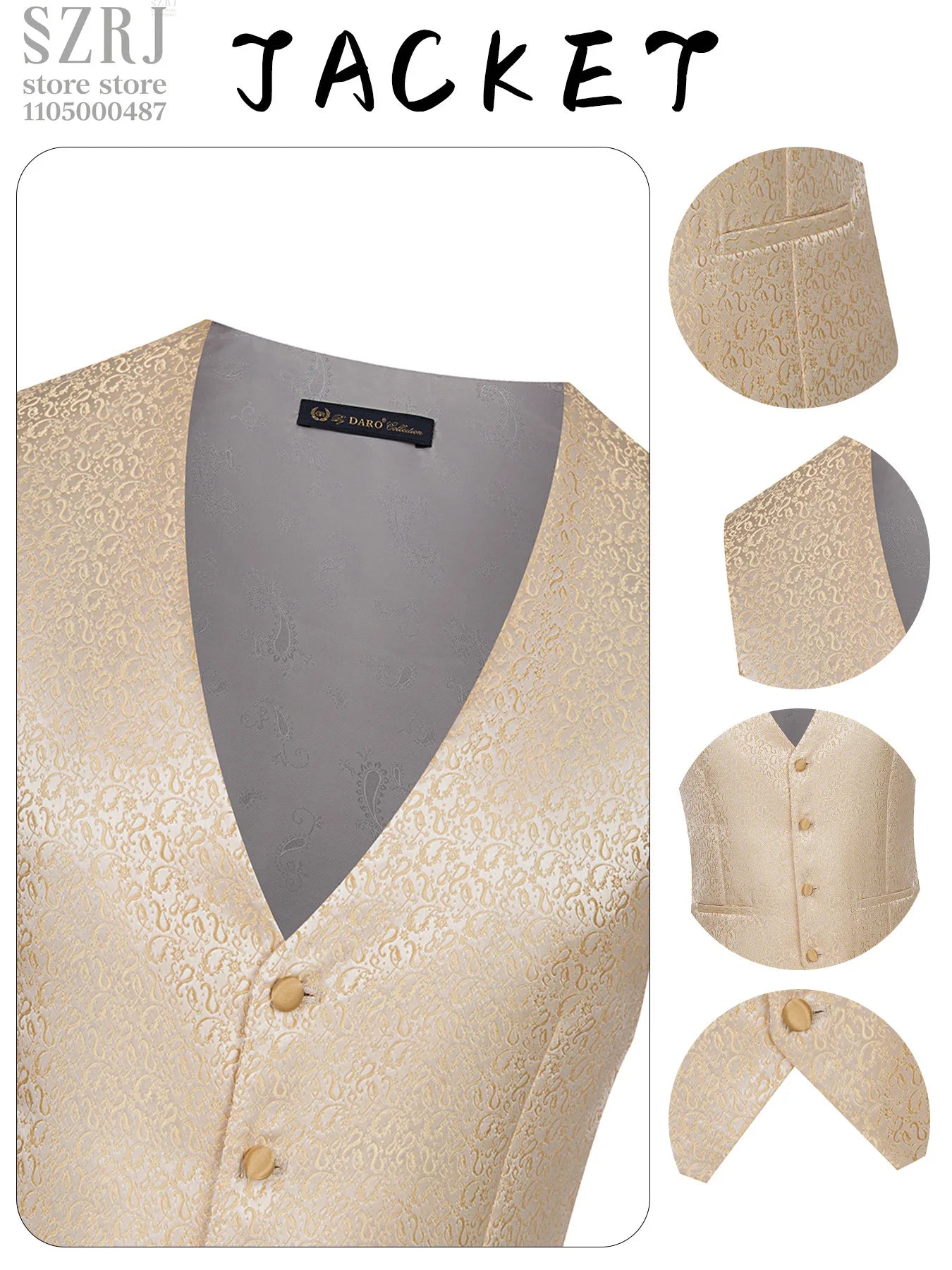 Men's 3pcs Floral Tuxedo Suit: Stand Collar, Double-Breasted Vest & Pants - Wedding/Party/Performance