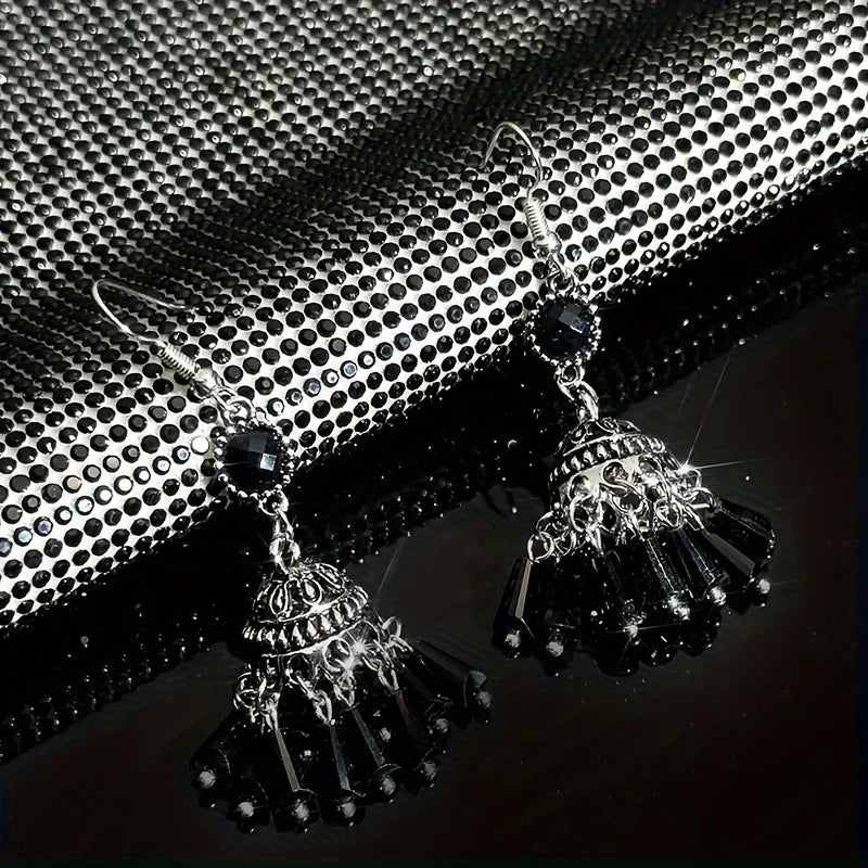 Chic Tassel Lantern Earrings - Exquisite Black Chandelier Drops, Dangling Ethnic Style Hooks, Hypoallergenic for Sensitive Skin