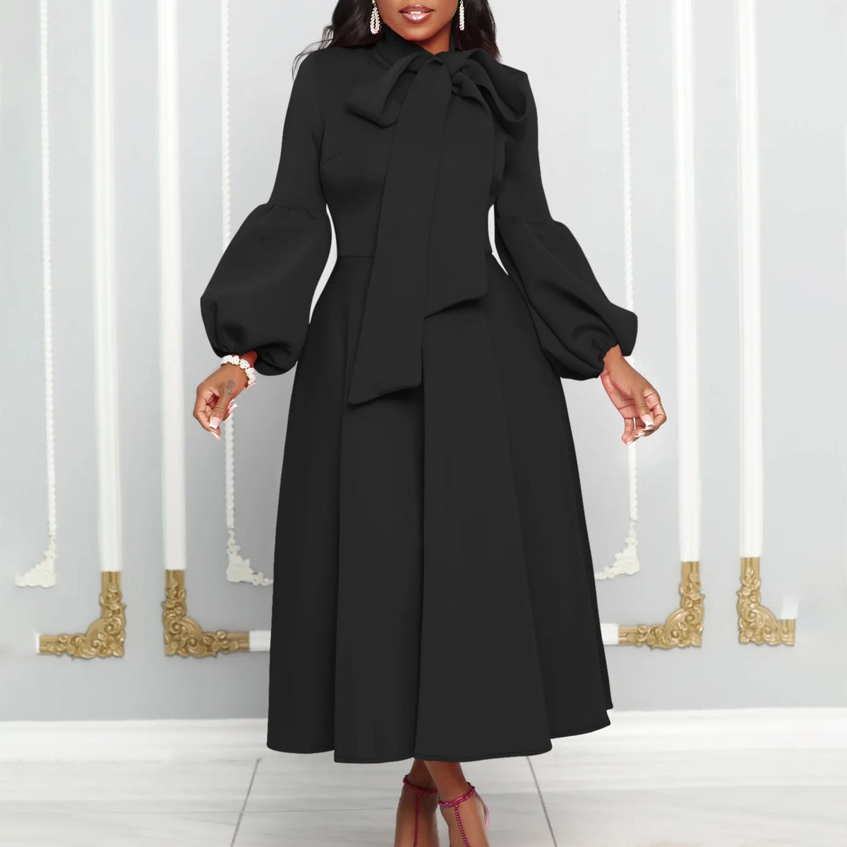 Elegant Party Dresses for Women Luxury Woman 2024 Bow Collar Full Sleeve High Waisted Pleated Mid Calf Birthday Dinner Celebrate