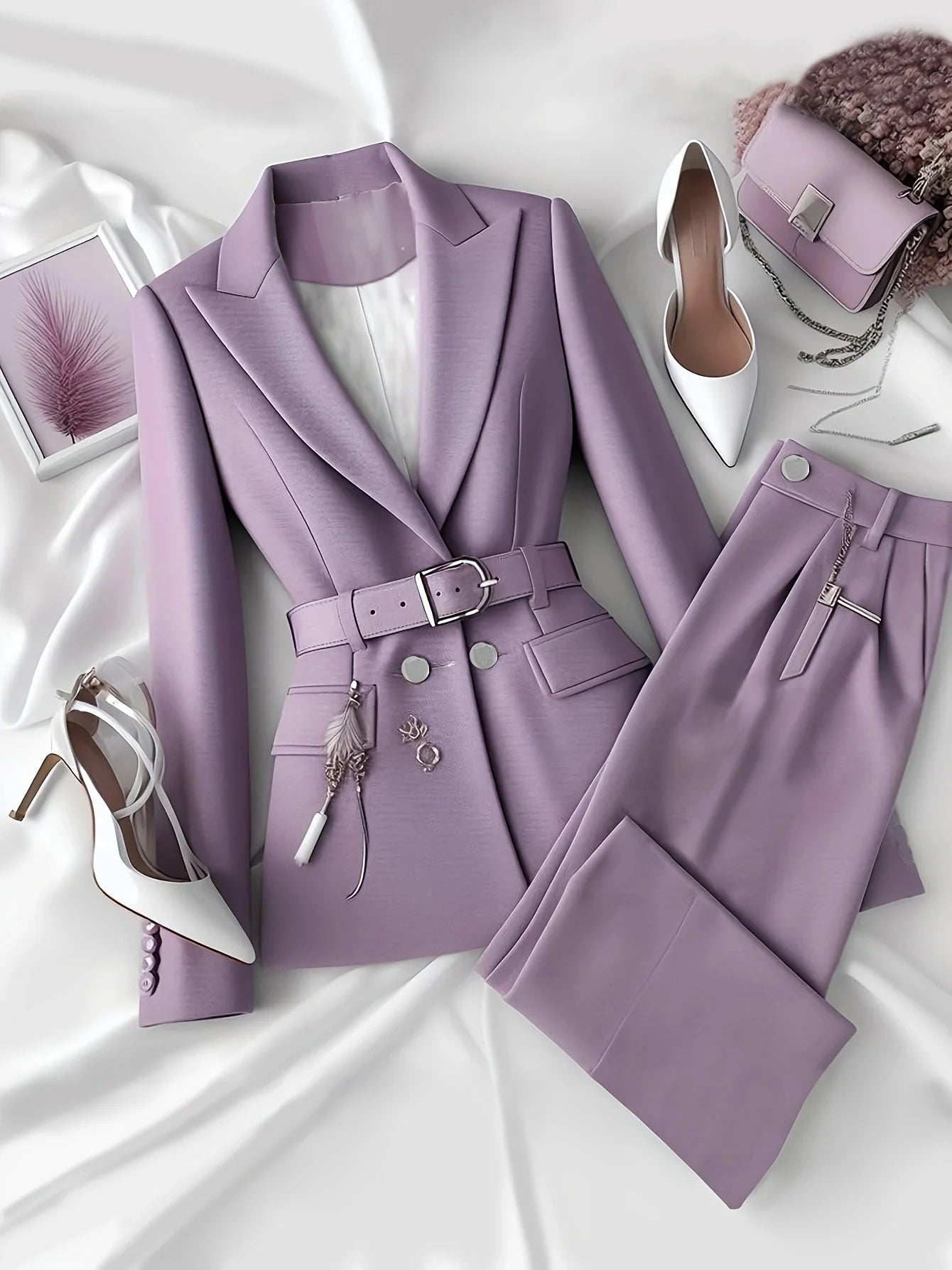 Urban elegant temperament solid color commuter office business suit jacket with belt and long trousers two-piece set, office bus