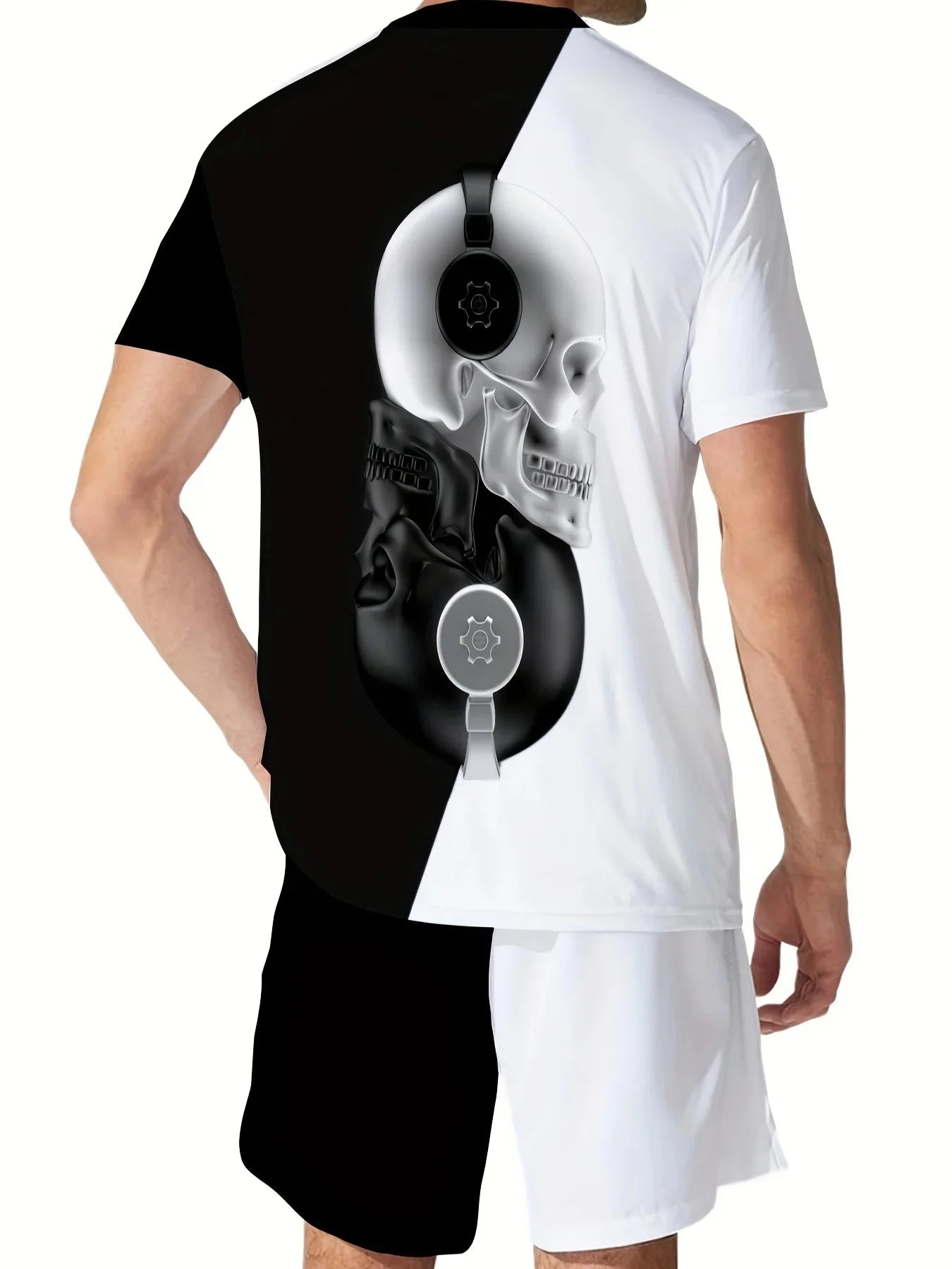 Skull Color Block Pattern Mens 2 Piece Outfits, Comfy T-shirt And Casual Shorts Set For Summer, Men's Clothing