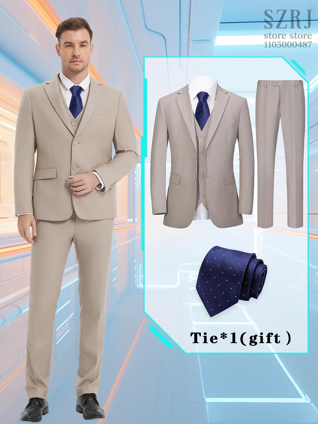 Men's 4-Piece Suit: Jacket+Vest+Pants+Blue Spotted Tie.Gentleman Style, Premium, Tailored. For Business, Parties, Weddings.