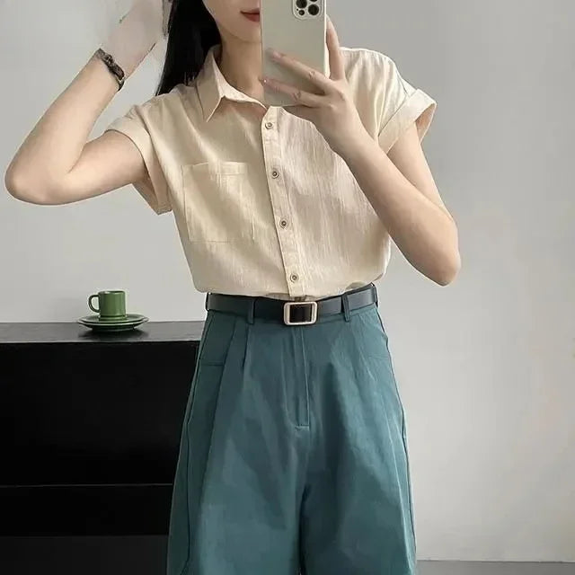 Women's Korean Version of Loose Short-sleeved Polo Shirt Chiffon Lapel Shirt Summer New Fashion Tops Thin Shirt Button Cardigan