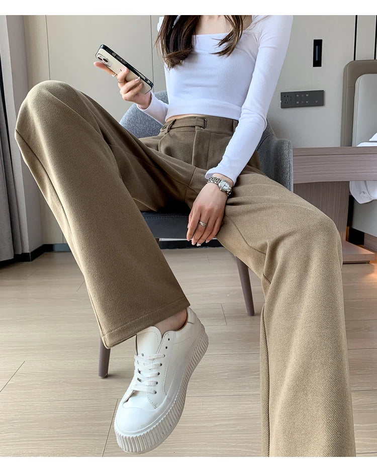 Seoulish Autumn Winter Thicken Woolen Casual Loose Full Length Pants 2025 New Button High Waist Chic Wide Leg Trousers Female