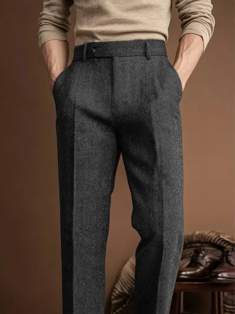 Men's Retro Herringbone Coarse Tweed Blend Straight Leg Trousers Classic Formal Business Office Leisure Attire Autumn Pants