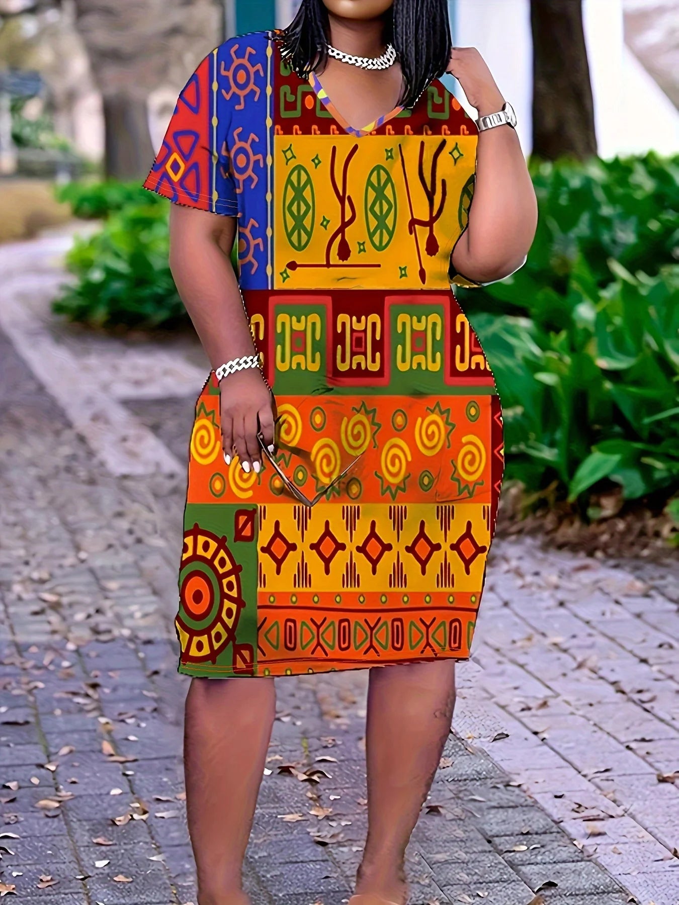 Ethnic Tribal Print Patchwork V-neck Shift Dress