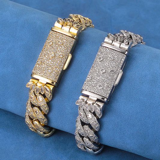 2026 Men's Jewelry 18Mm Wide Iced Out Thick Cuban Chain Brass Cubic Zirconia Gold-Plated Silver Plated Bracelet