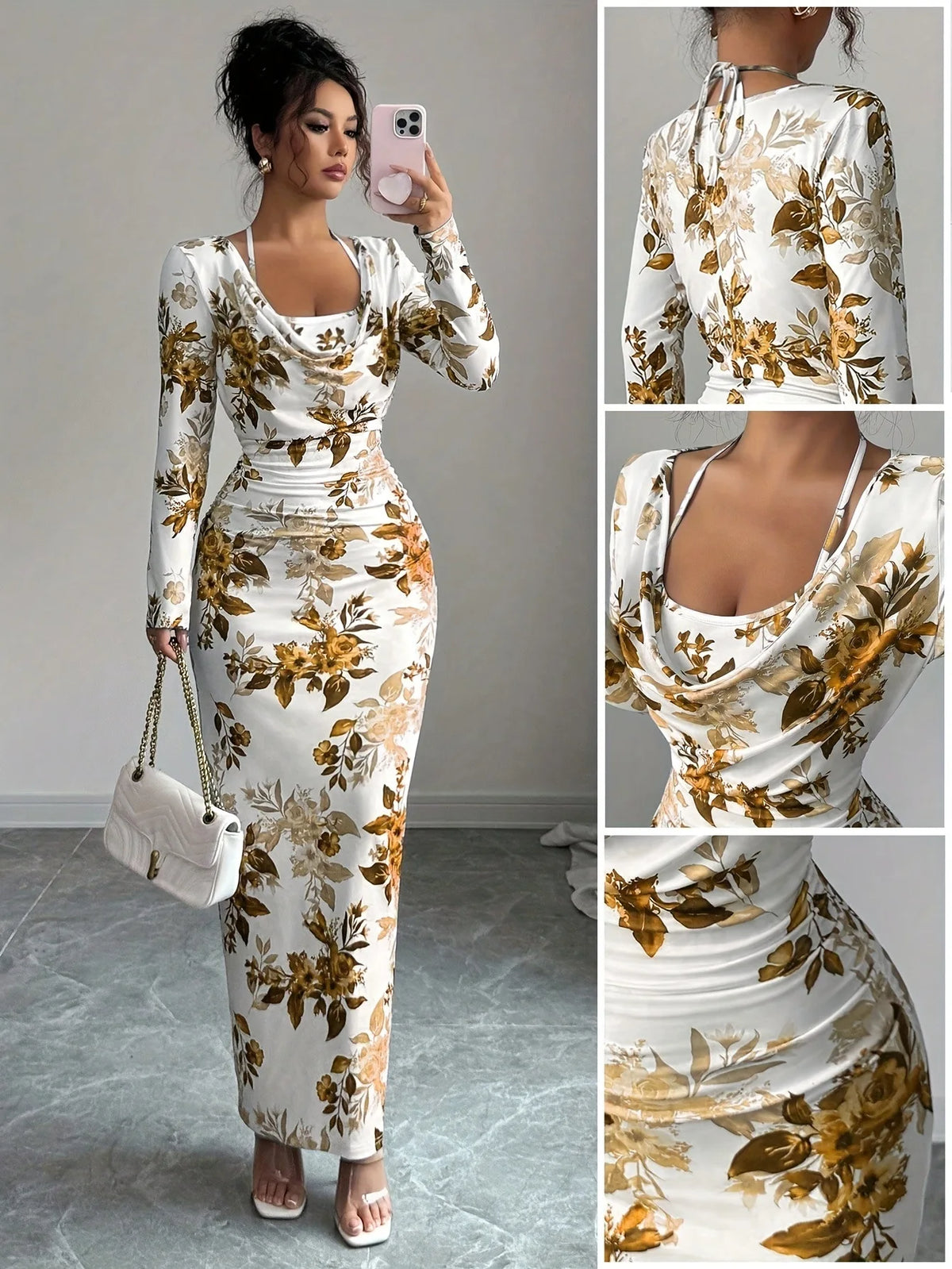 Fashion Dresses for Women Slim Long Sleeve Women Dress Elegant Print Package Hip Dress Women