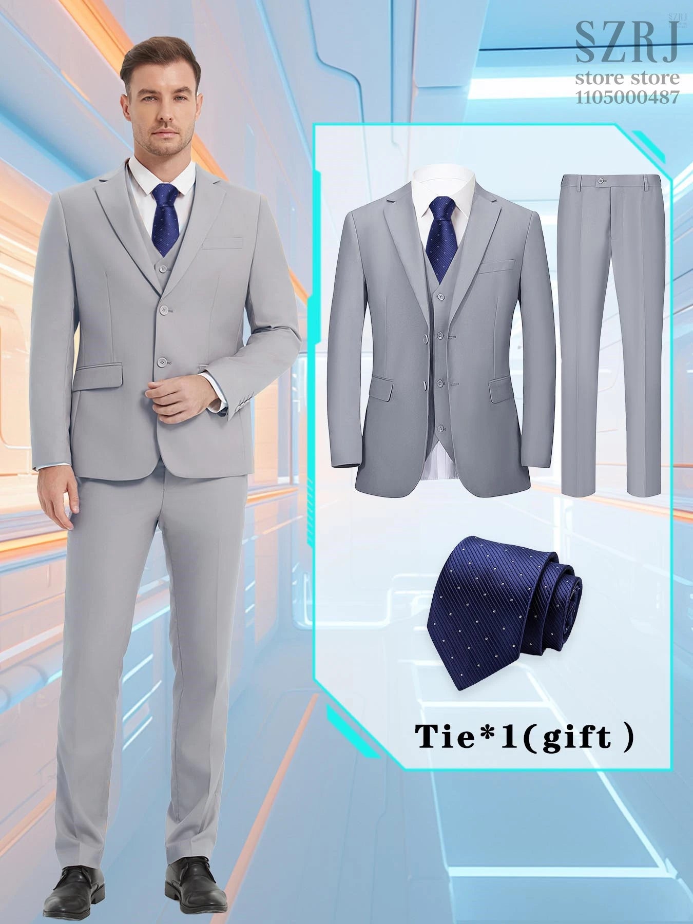 Men's 4-Piece Suit: Jacket+Vest+Pants+Blue Spotted Tie.Gentleman Style, Premium, Tailored. For Business, Parties, Weddings.