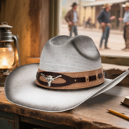 Fashionable Unisex Straw Cowboy Hat with Bull Head Design and Wide Brim for Sun Protection and Style at the Beach