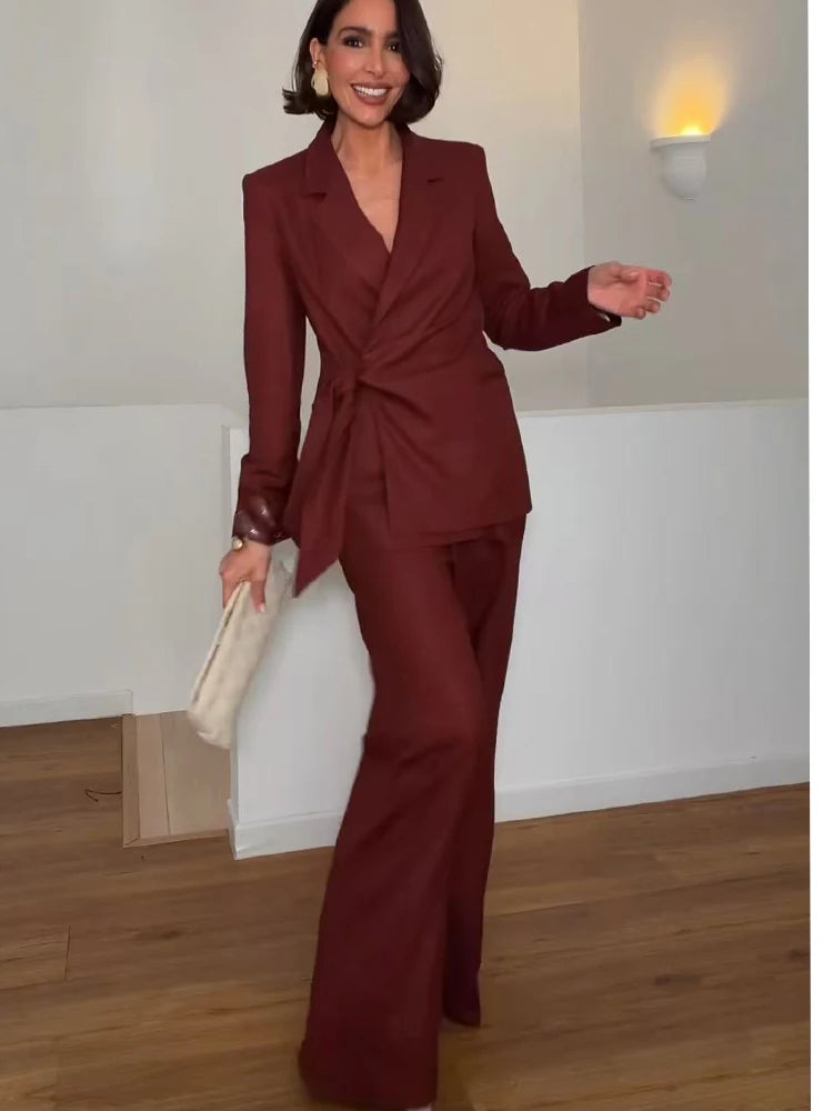 Fashion Office Ladies Blazer Pants Suit Elegant Formal Slim Lace Up Jacket Straight Trouser Lady Commuting Wear 2 Piece Set