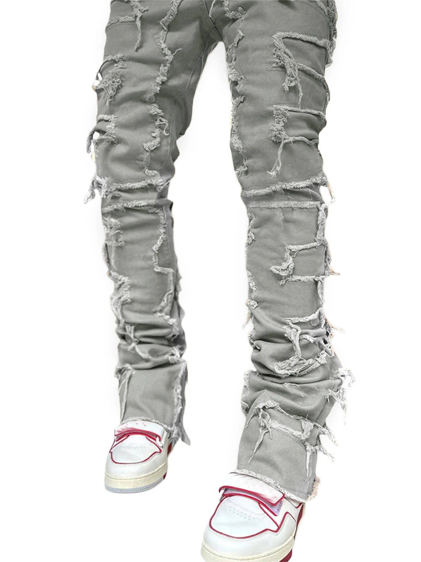Men Skinny Pants Vintage Patch Frayed Denim Pants Spring Fall Casual Leggings Trousers with Pockets