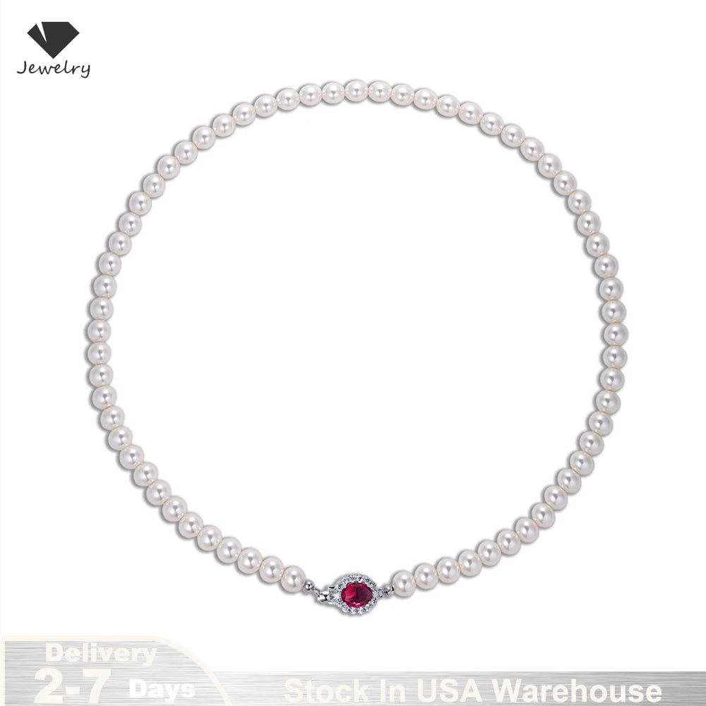 Vintage Red Shiny Crystal Pearl Necklace for Women Light Luxury S925 Sterling Silver Banquet Collarbone Sweater Chain USA Stock