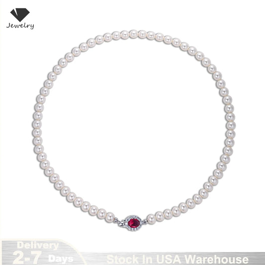 Vintage Red Shiny Crystal Pearl Necklace for Women Light Luxury S925 Sterling Silver Banquet Collarbone Sweater Chain USA Stock