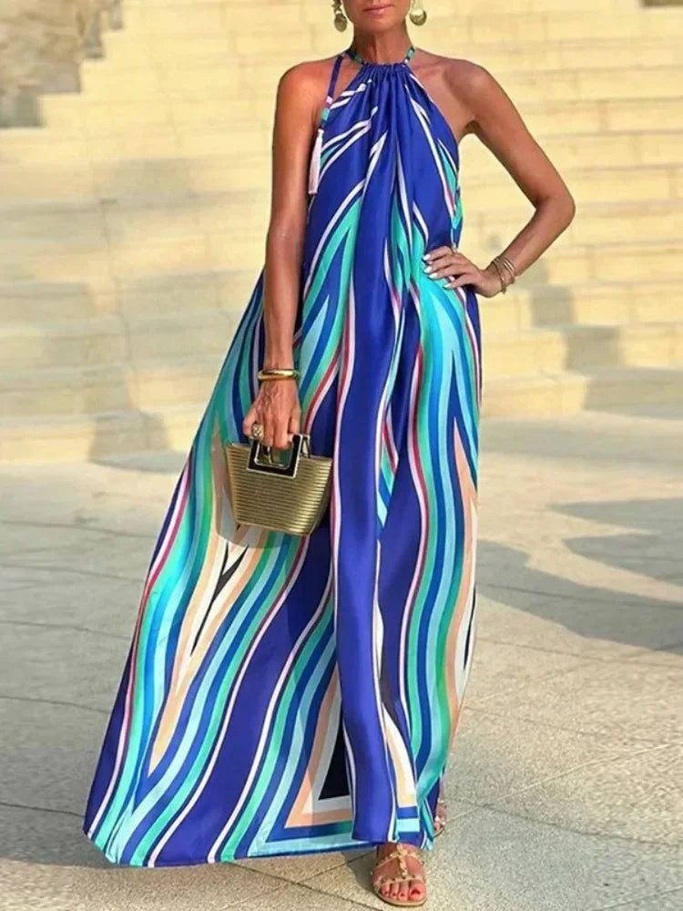 Summer Flowy Maxi Dress for Women 2025 New Colorful Striped Halterneck Sleeveless Party Vacation Beach Long SunDress