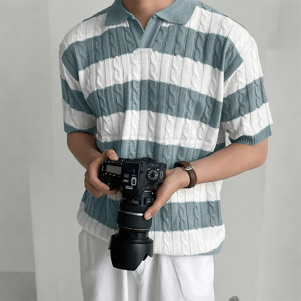 Men's Polo Short Sleeve Retro Knit Lapel Striped Short Sleeve Fashion Popular Knitwear Casual Breathable Top US Size