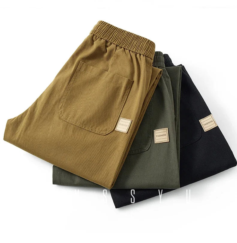 Autumn Winterr High-Quality 100%Cotton Casual Pants Men Elastic Waist Loose Baggy Straight Casual Work Cargo Khaki Trousers Male