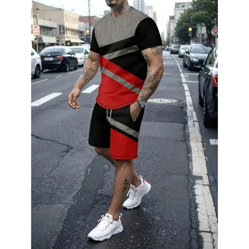 A set of two-piece outfits for men，Includes a casual crewneckTT-shirt，Printed with irregular patterns，Matching Drawstring Shorts