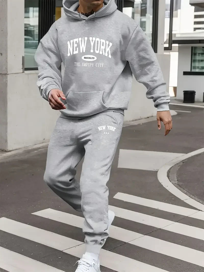 New York Letter Printed Spring and Autumn Hoodie for Couples Y2K Set Long Sleeved Casual and Comfortable kangaroo Pocket Hoodie