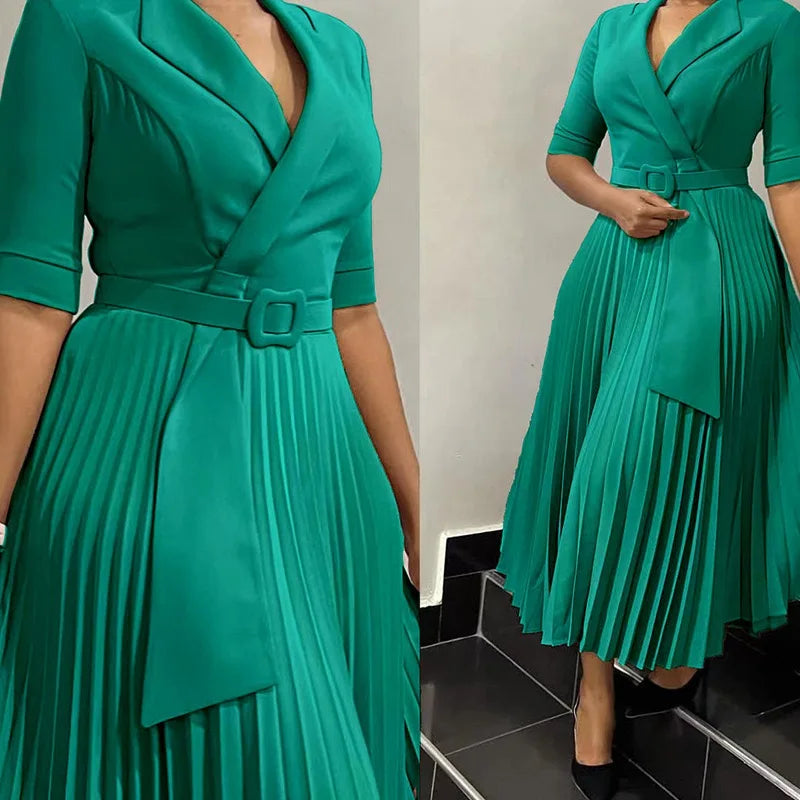Elegant Office Dresses Pleated for Woman Notched Collar Half Sleeve Belt Waisted Mid Calf Professional Afircan Business New Robe