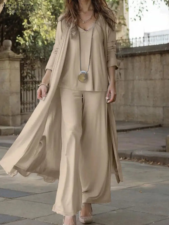 Women Autumn Tracksuits 3pcs Pant Sets ZANZEA Fashion Casual 3-Pieces Sets Solid Tank Tops and Cardigans Wide Leg Trousers Suit