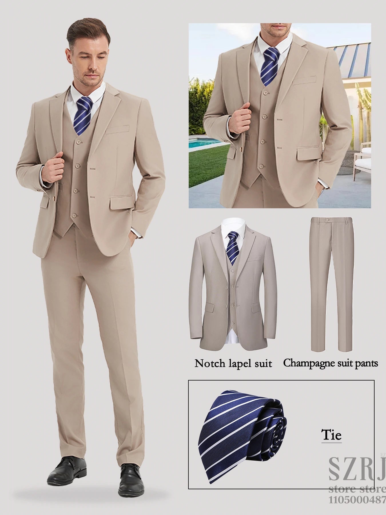 Men's 4-Piece Suit: Jacket+Vest+Pants+Blue Striped Tie. V-Neck, Gentleman Style, Tailored. For Business, Parties, Weddings.