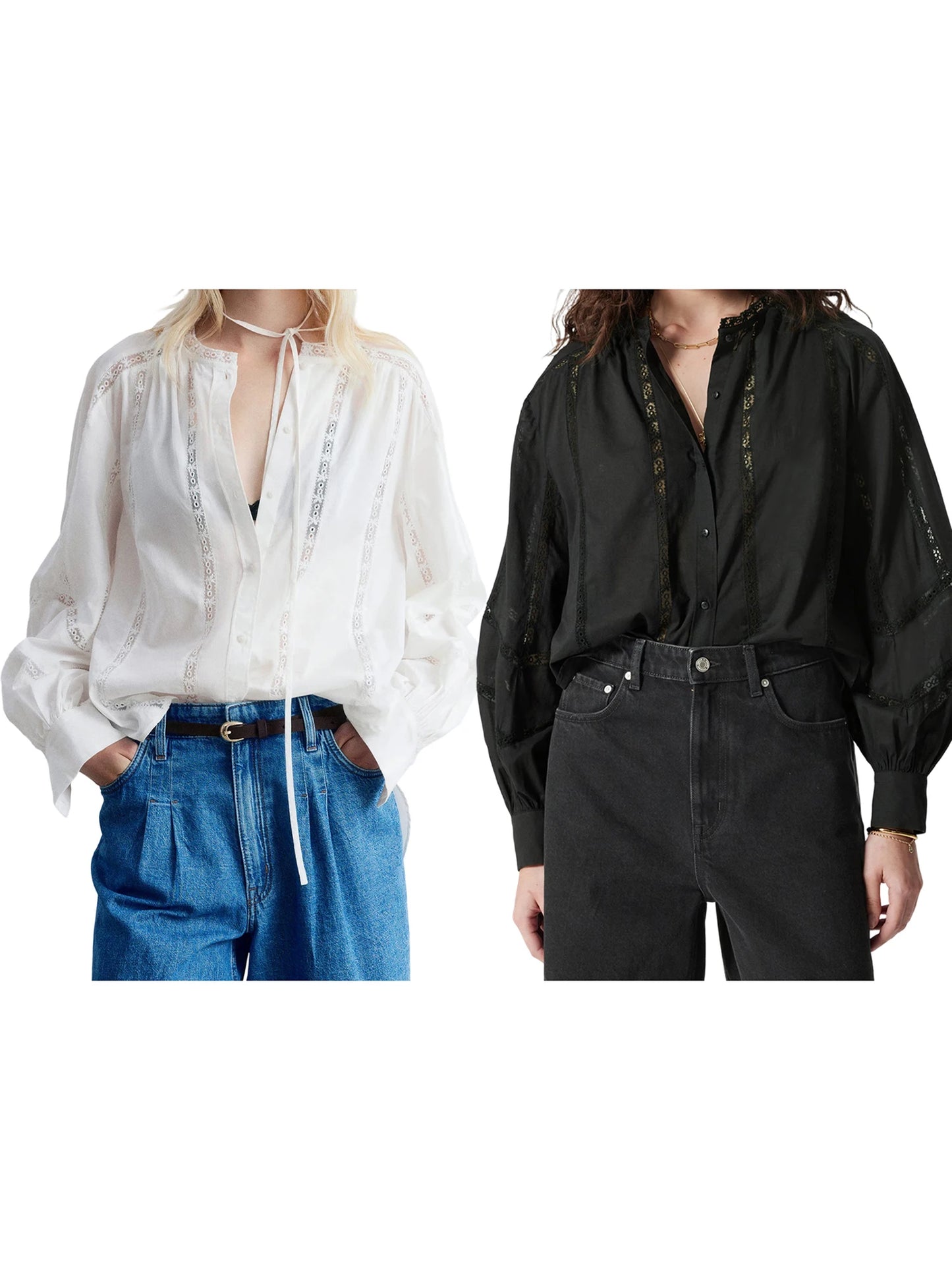 Women s Casual V-Neck Long Sleeve Button Down Shirt with Lace Detailing and Balloon Sleeves - Stylish Fall Blouse