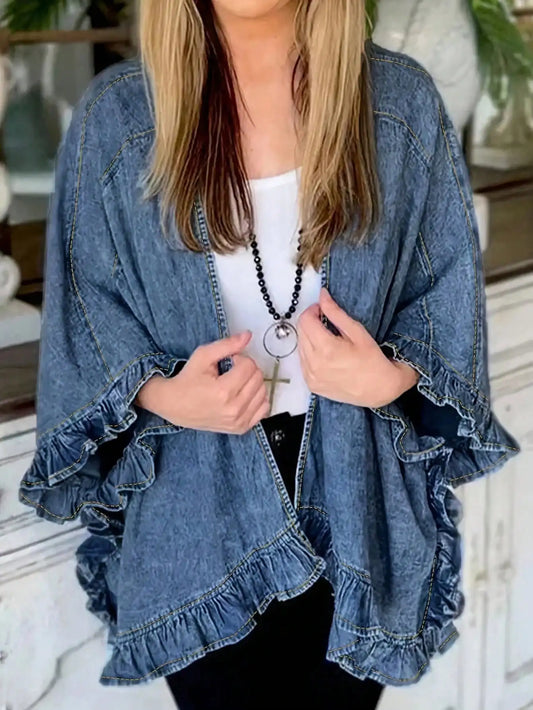Women's Denim Jacket with Ruffled Sleeves | Boho Chic Open Front Lightweight Jacket for Women | Fall & Spring Distressed Casual