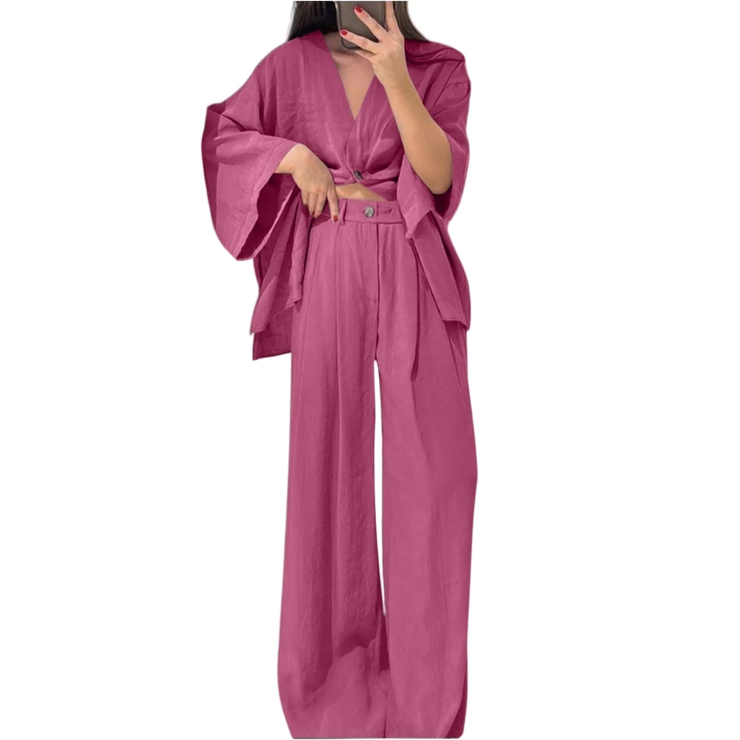 Two Piece Outfits For Women V Neck Button Down Shirt Top And Wide Leg Pants Set Loose Sweatsuits Conjunto Dos Piezas Mujer
