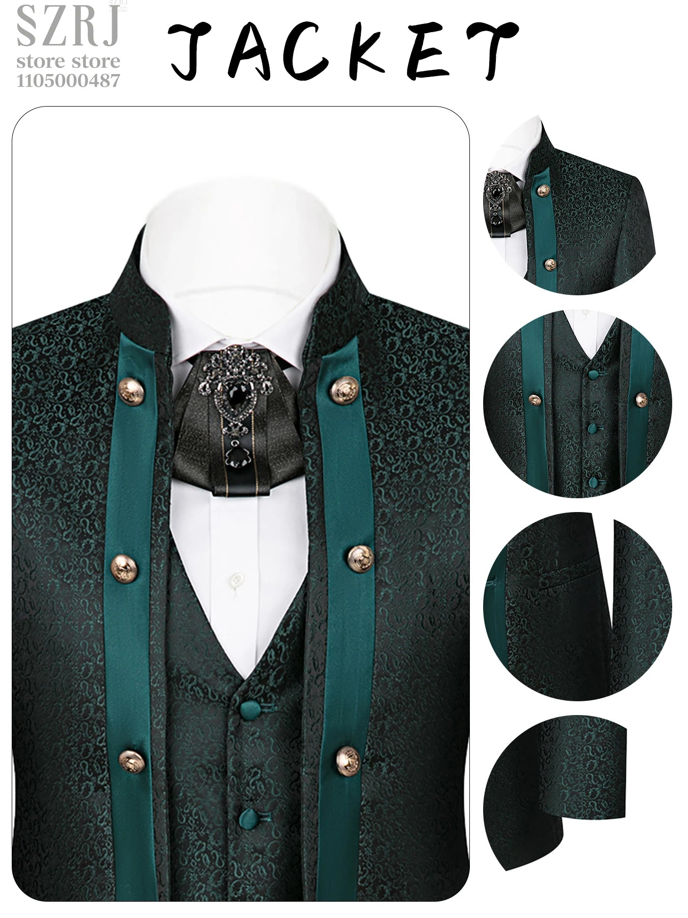 Men's 3pcs Floral Tuxedo Suit: Stand Collar, Double-Breasted Vest & Pants - Wedding/Party/Performance