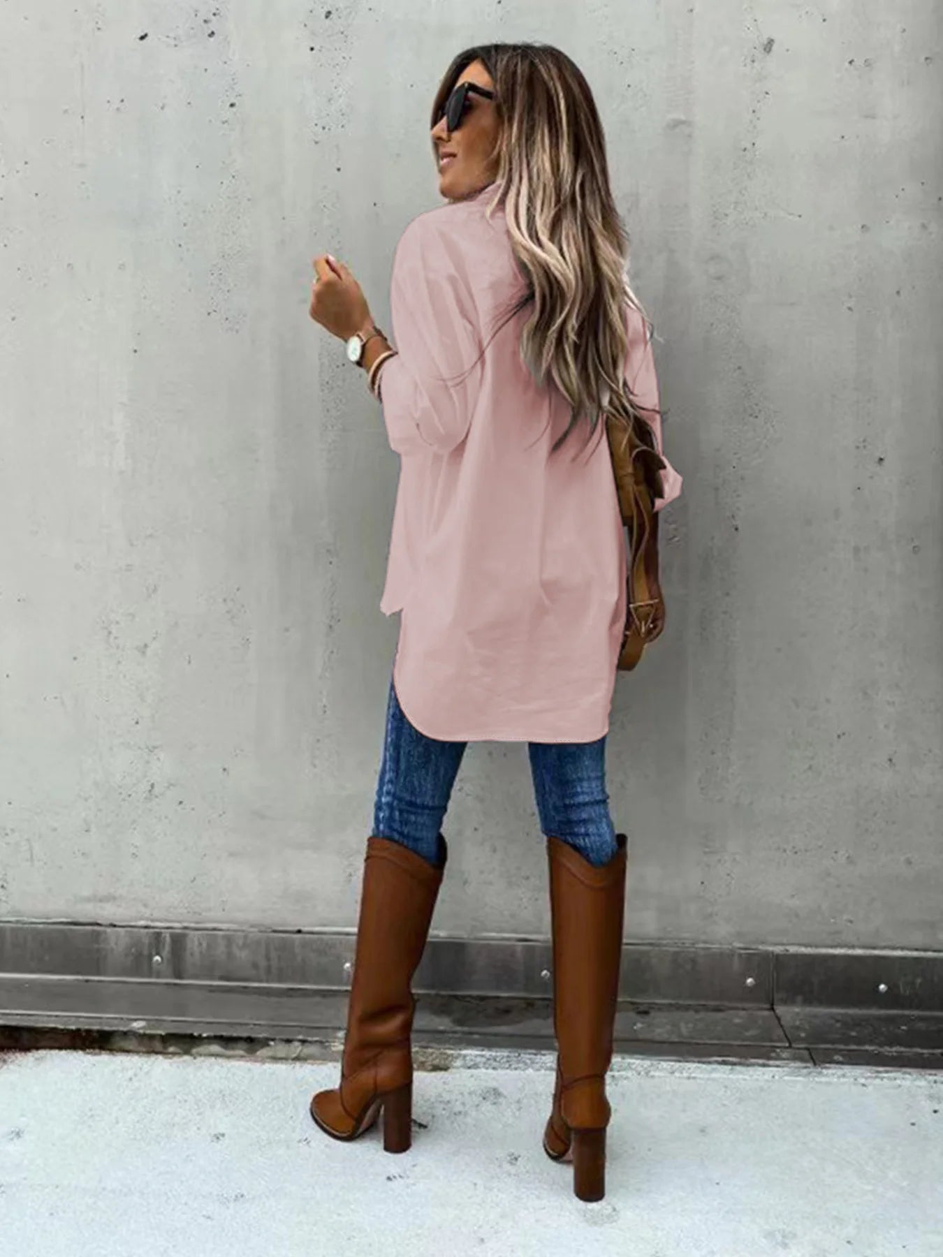 Women's shirt - front placket button double pocket, front short back long long sleeve shirt, front short back long