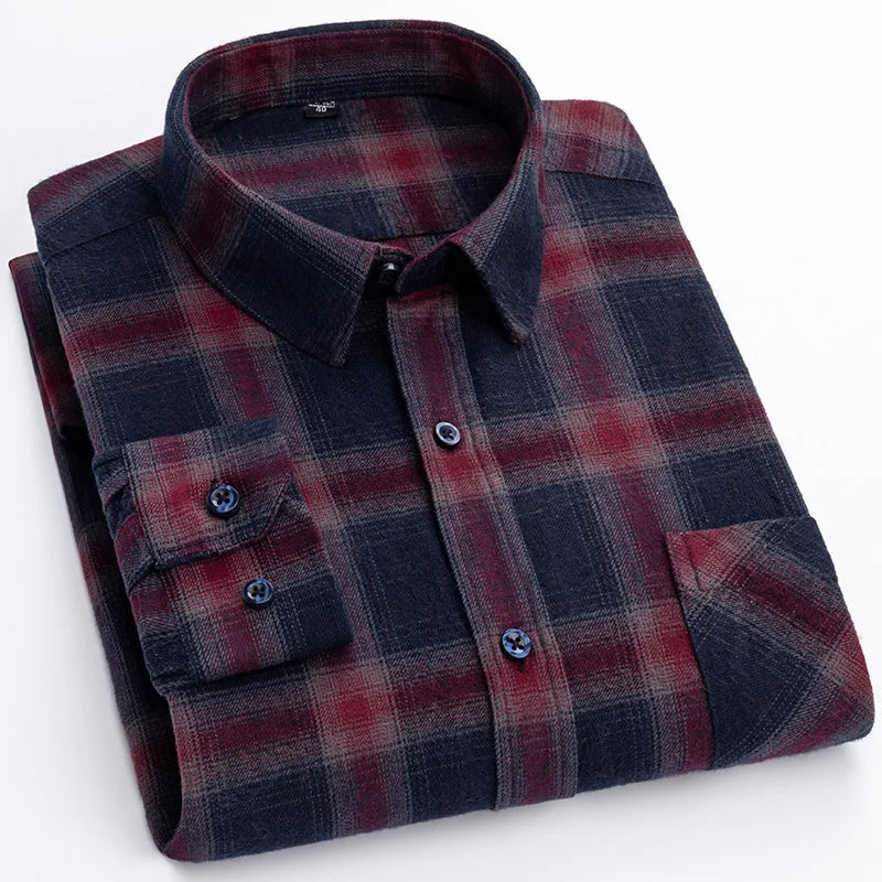 New Spring Long Sleeve Plaid Shirts For Men 100% Cotton Flannel Plus Size Easy Care Comfortable Top Casual Smart Dress Shirts