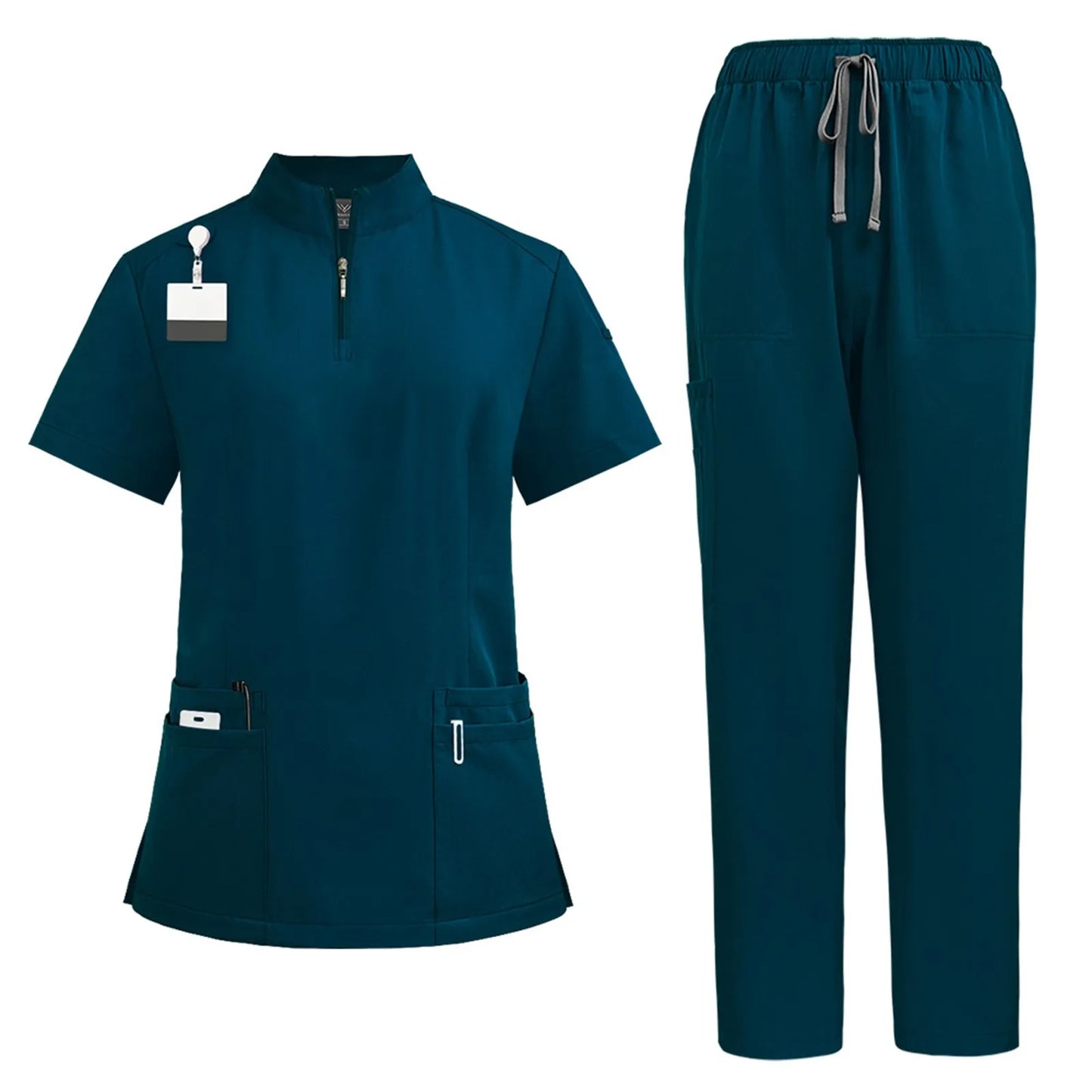 Women Two-Piece Set Solid Color Stand-Up Collar Short-Sleeve Top With Zipper Pocket And Matching Pants Professional Workwear