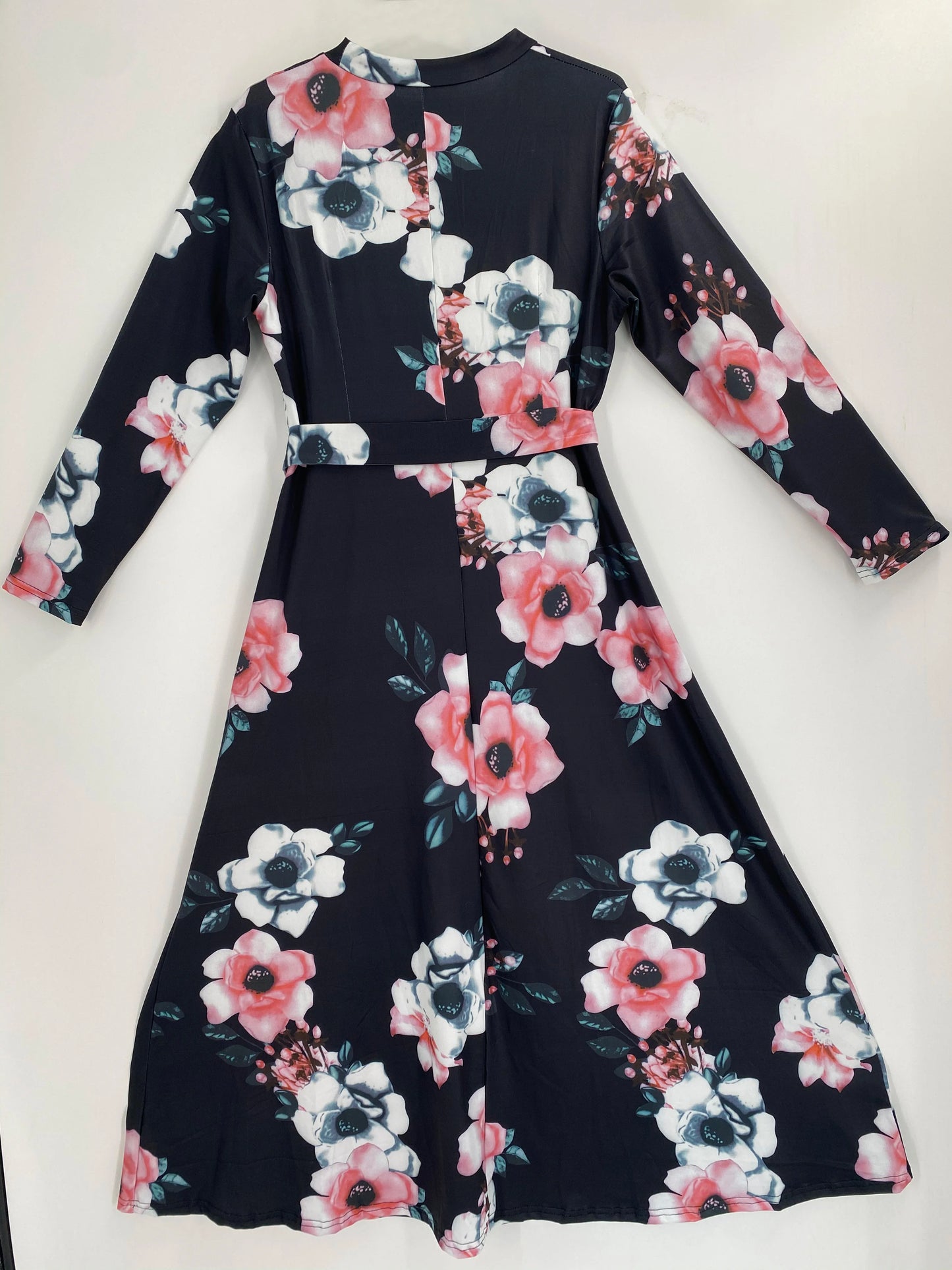 Plus Size Women's Dress Flower Print Lace-Up Elegant Long-Sleeved Round Neck Dress