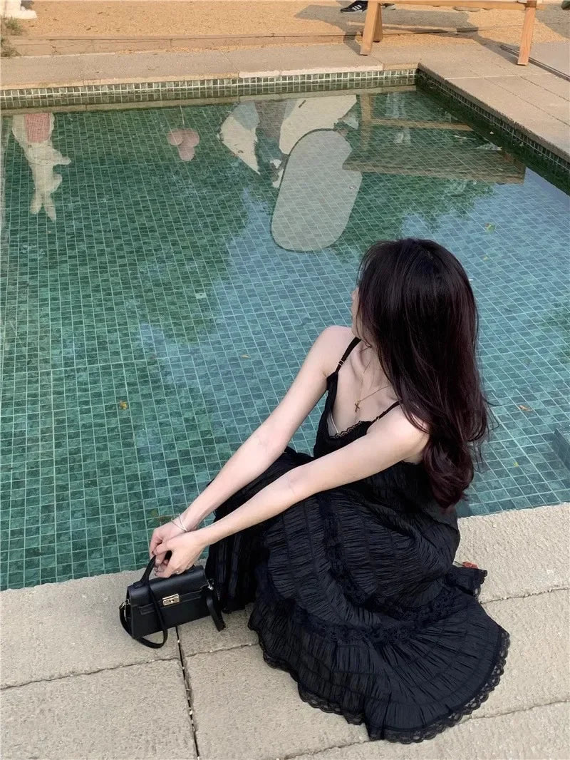 Summer  Long Vintage Casual Ruffles Elegant Maxi Strap Camis Silky Beach Lace Elegant Party Dress Vestidos Sexy Women