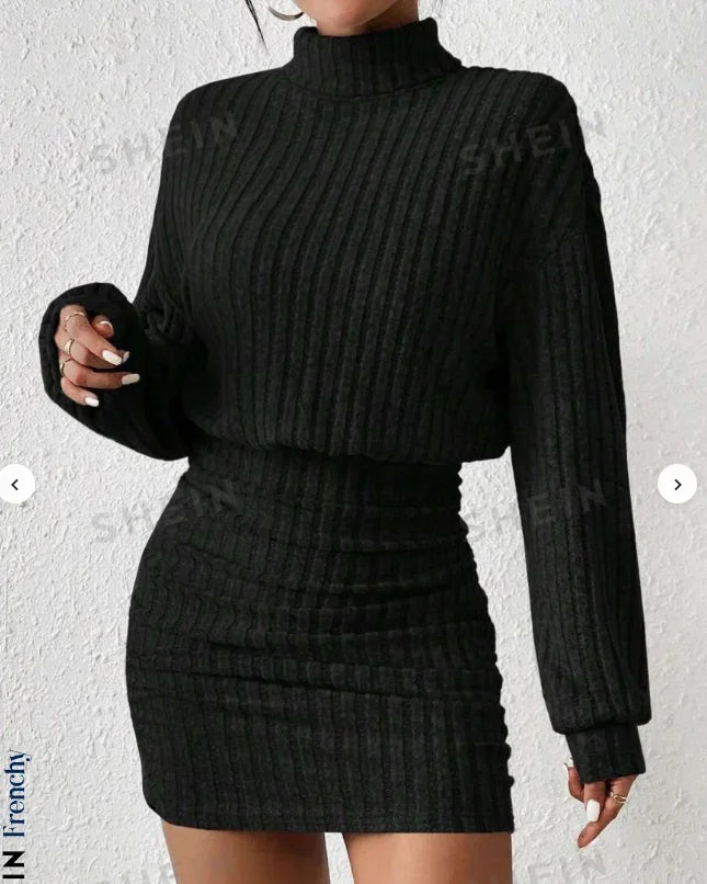 Women's Autumn Winter Fashion High Neck Knitted Sweater Dress Female Casual Solid Loose Long Sleeve Warm Mid Length Dresses