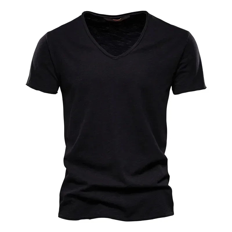 2024 hot summer men's new solid color V-neck pure cotton short sleeved T-shirt hot selling men's T-shirt top